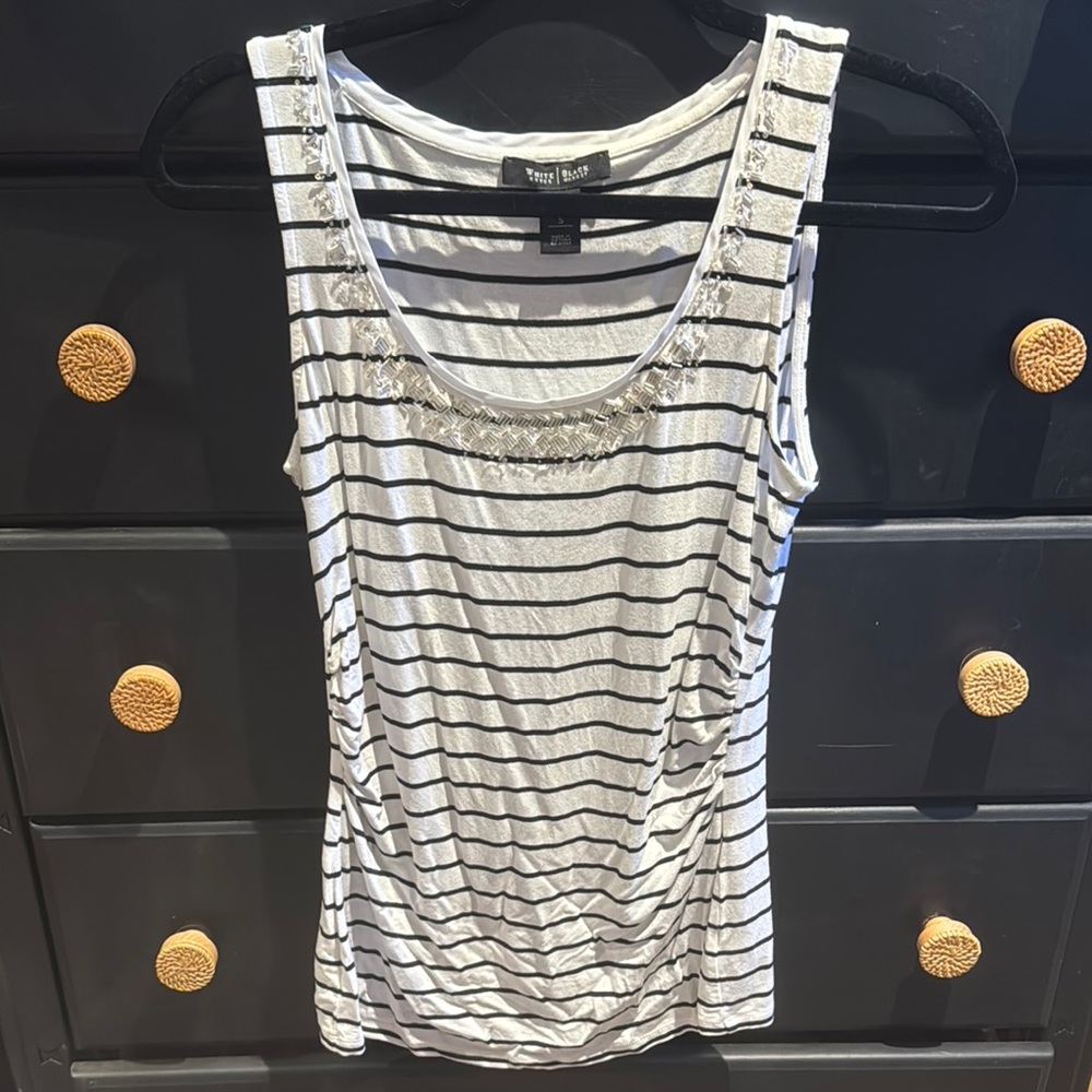 White House Black Market Sequined Striped Tank Top - Black and White